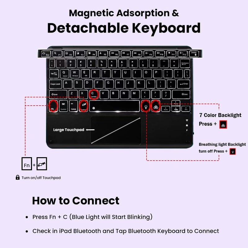 TECPHILE Keyboard Case for Samsung Galaxy Tab S9 FE 10.9”/ S9 / S8 / S7 11” Folio Cover with Multi-Gesture Touchpad, 7 Color Backlit, Magnetically Detachable Keyboard, Pencil Holder, Auto Sleep - Image 5