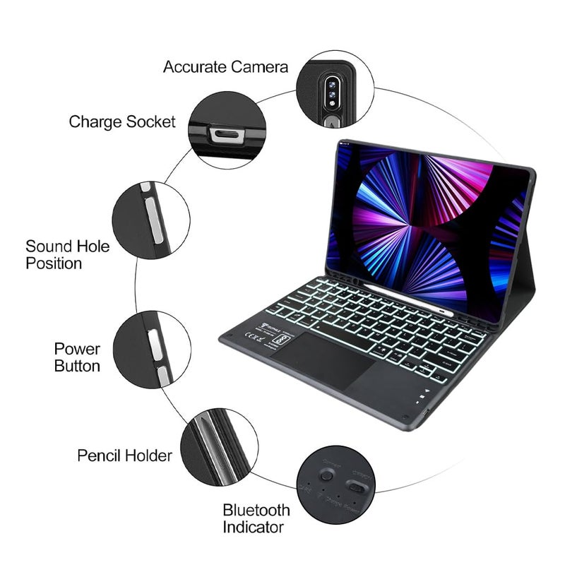 TECPHILE Keyboard Case for Samsung Galaxy Tab S9 FE 10.9”/ S9 / S8 / S7 11” Folio Cover with Multi-Gesture Touchpad, 7 Color Backlit, Magnetically Detachable Keyboard, Pencil Holder, Auto Sleep - Image 3