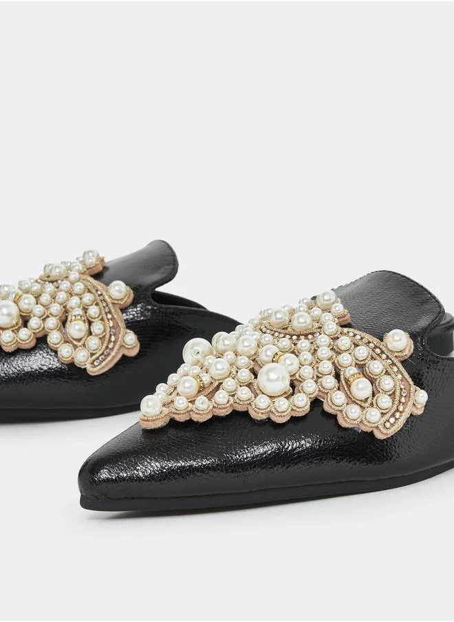 Styli Faux Pearl Studded Strap Mules