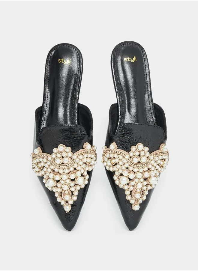 Styli Faux Pearl Studded Strap Mules