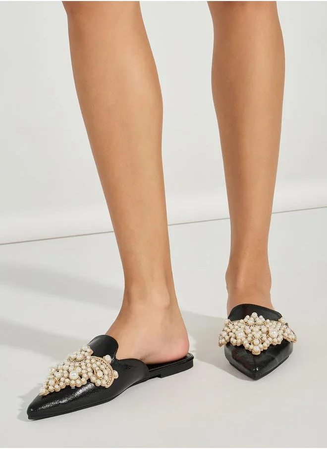 Styli Faux Pearl Studded Strap Mules