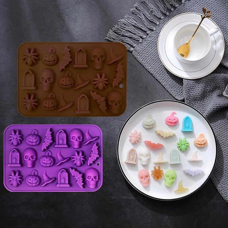 ROMINVIC Halloween Chocolate Mold Silicone,18 Cavity Candy Gummy Mold with Pumpkin Wizard Hat Bat Spider Tombstone for Baking Chocolate Jelly Gummy Dessert (2pcs) - Image 4