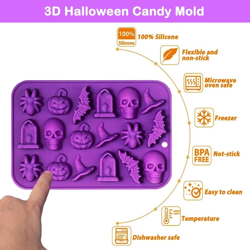 ROMINVIC Halloween Chocolate Mold Silicone,18 Cavity Candy Gummy Mold with Pumpkin Wizard Hat Bat Spider Tombstone for Baking Chocolate Jelly Gummy Dessert (2pcs) - Image 3