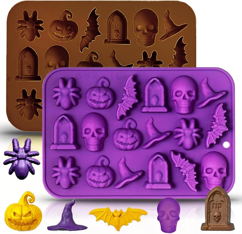 ROMINVIC Halloween Chocolate Mold Silicone,18 Cavity Candy Gummy Mold with Pumpkin Wizard Hat Bat Spider Tombstone for Baking Chocolate Jelly Gummy Dessert (2pcs) - Image 1