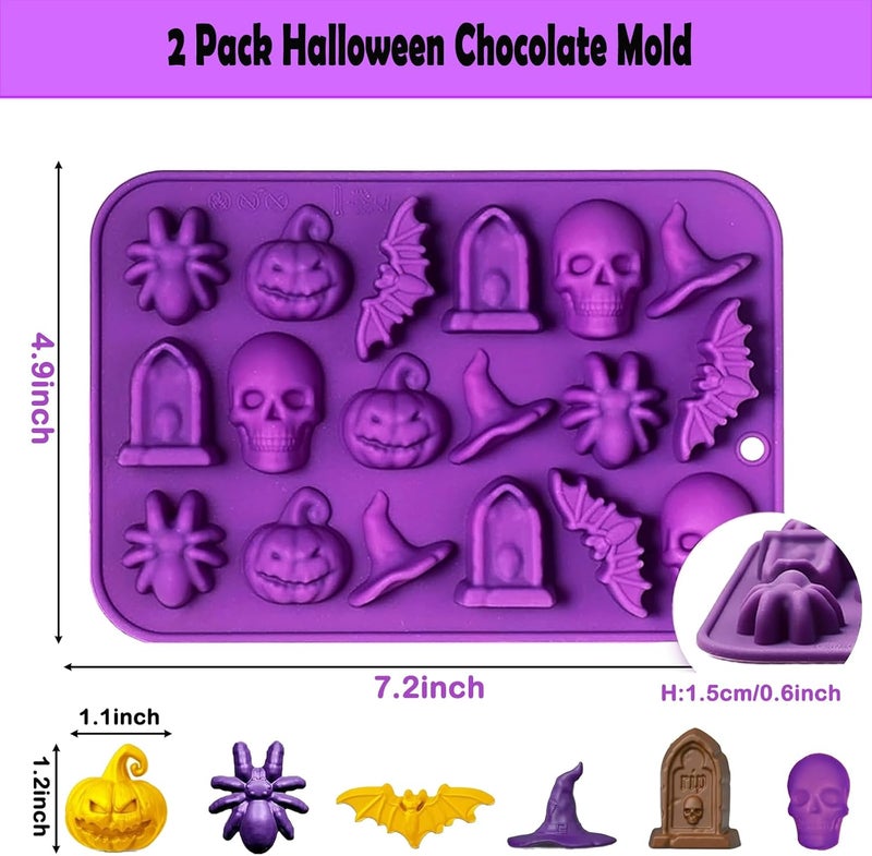 ROMINVIC Halloween Chocolate Mold Silicone,18 Cavity Candy Gummy Mold with Pumpkin Wizard Hat Bat Spider Tombstone for Baking Chocolate Jelly Gummy Dessert (2pcs) - Image 2