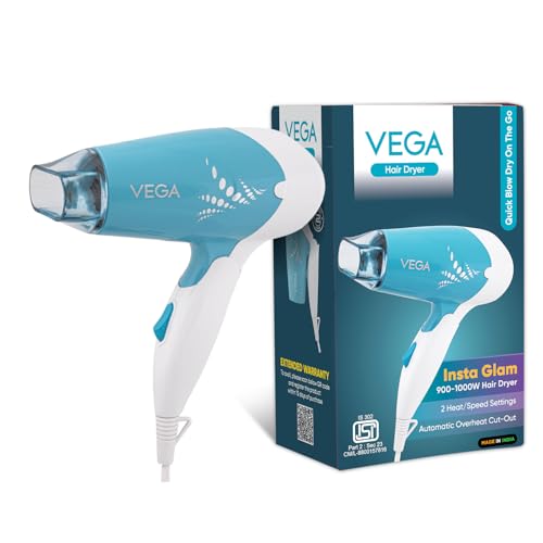 Vega Insta Glam Foldable 1000 Watts Hair Dryer for Men and Women with 2 Heat & Speed Settings, Detachable Nozzle, Automatic Overheat Cut-out, VHDH-29, (Made in India) - Image 1