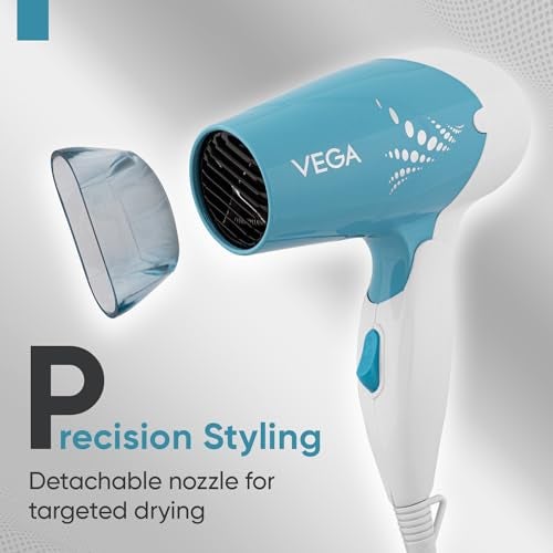 Vega Insta Glam Foldable 1000 Watts Hair Dryer for Men and Women with 2 Heat & Speed Settings, Detachable Nozzle, Automatic Overheat Cut-out, VHDH-29, (Made in India) - Image 2