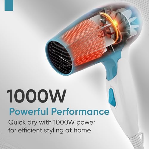 Vega Insta Glam Foldable 1000 Watts Hair Dryer for Men and Women with 2 Heat & Speed Settings, Detachable Nozzle, Automatic Overheat Cut-out, VHDH-29, (Made in India) - Image 3