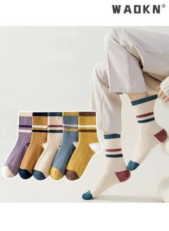 WAOKN 5 Pairs Women Candy Color Splicing Design Socks Mid-tube Ribbed Breathable Sweat-absorbent High Elastic Socks Multicolor, Moisture Wicking, Suitable for All Seasons,  Casual Perfect for Everyday Wear  - Image 1