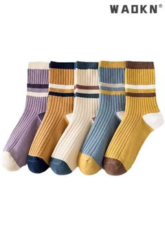 WAOKN 5 Pairs Women Candy Color Splicing Design Socks Mid-tube Ribbed Breathable Sweat-absorbent High Elastic Socks Multicolor, Moisture Wicking, Suitable for All Seasons,  Casual Perfect for Everyday Wear  - Image 3