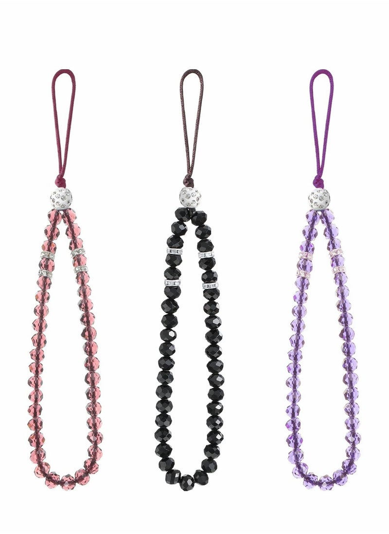 SYOSI 3 Pcs Cell Phone Lanyard Strap, Charm Bling Crystal Beads Hand Wrist Lanyard Strap String, Women's Wristlet for Cell Phone Camera Purse MP3 MP4 iPod PSP Keychain (Red+Black+Purple)  - Image 1