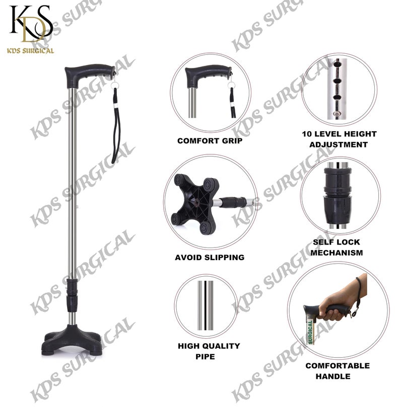 Kds Surgical 4 Leg Crome PVC Base Height Adjustable Men Women Old Age People Walking Stick (Black) - 36 inch - Image 4