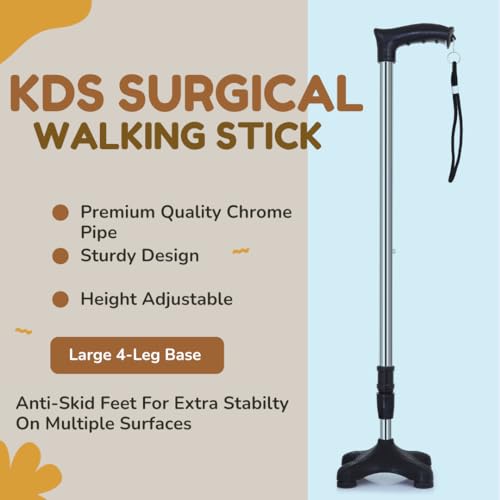 Kds Surgical 4 Leg Crome PVC Base Height Adjustable Men Women Old Age People Walking Stick (Black) - 36 inch - Image 3