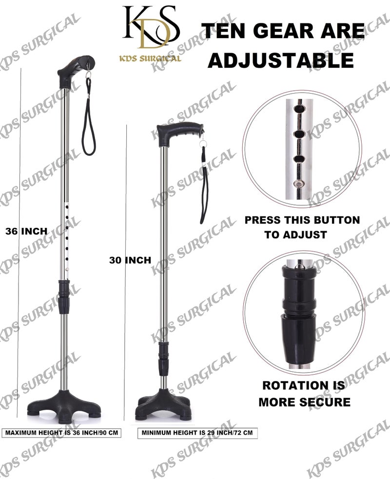 Kds Surgical 4 Leg Crome PVC Base Height Adjustable Men Women Old Age People Walking Stick (Black) - 36 inch - Image 5