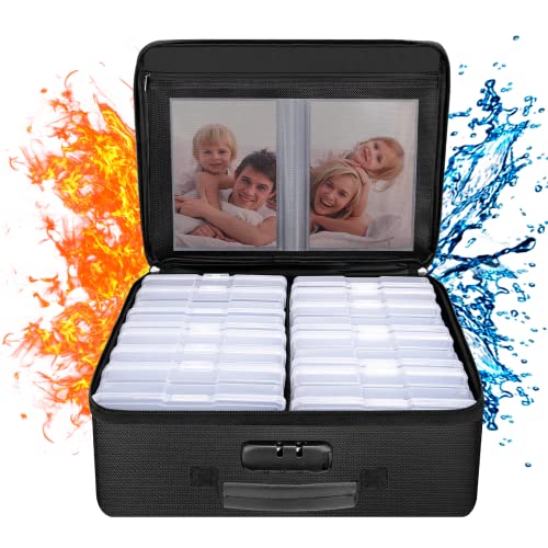 ENGPOW Fireproof Photo Storage Box with 16 Inner 4" x 6" Photo Case(Clear),Photo Box Organizer with Lock,Collapsible Portable Photo Storage Containers with Handle for Photos,Picture,Valuables - Image 1