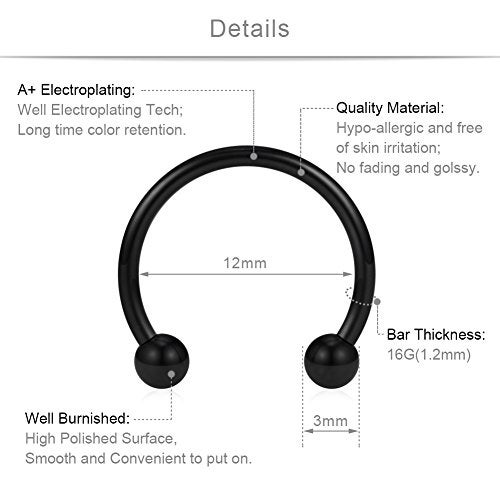 SCERRING 8PCS 16G Stainless Steel Nose Septum Horseshoe Earring Eyebrow Septum Lip Helix Tragus Cartilage Piercing Ring 6mm,8mm,10mm,12mm - Black - Image 2
