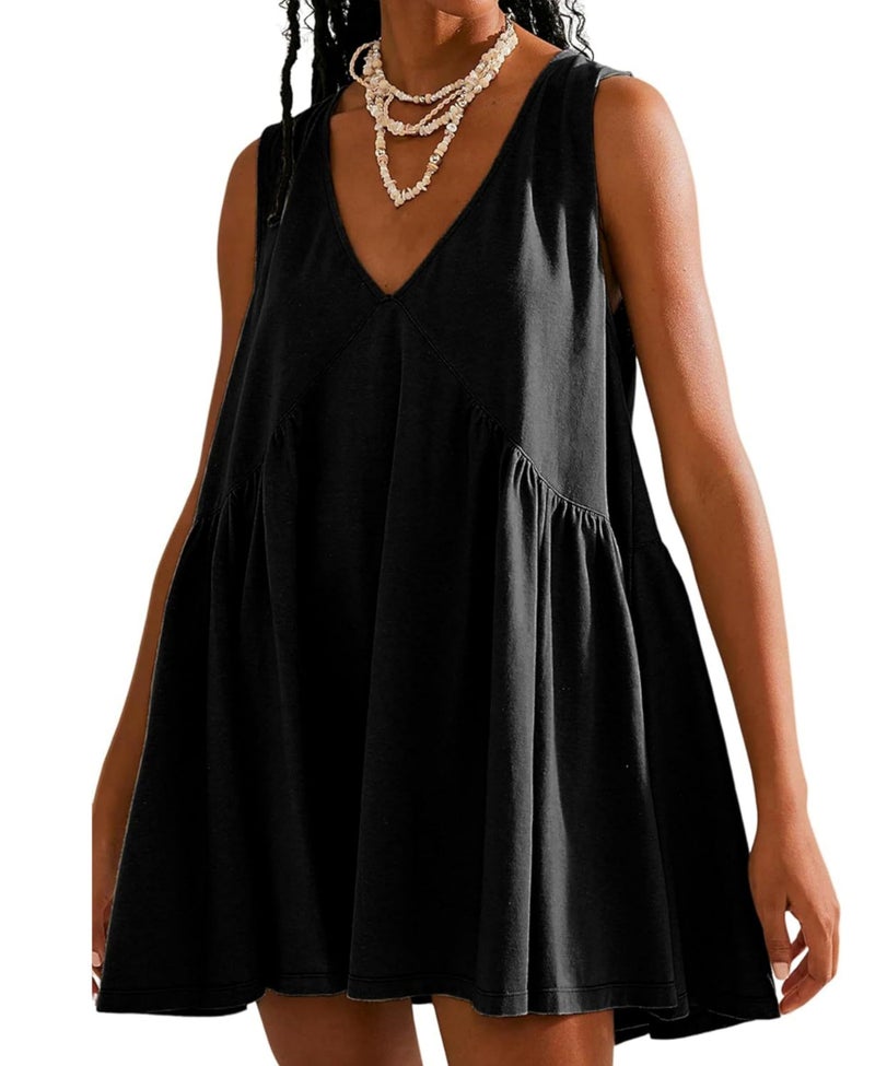 OPCAKM Women's V Neck Sleeveless Mini Dress Loose Summer Pleated Swing Flowy Sundress(Black-S) - Image 1