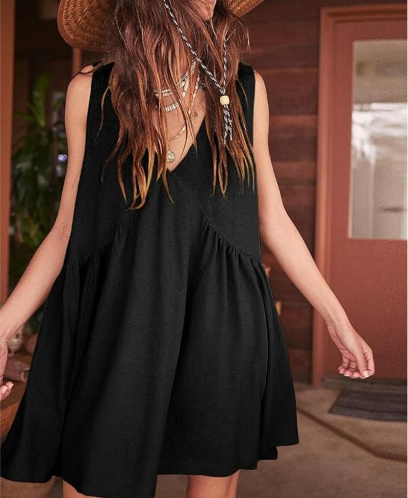 OPCAKM Women's V Neck Sleeveless Mini Dress Loose Summer Pleated Swing Flowy Sundress(Black-S) - Image 2