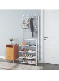 Dreamons link Coat Rack Shoe Rack,Storage Shelf with 4-Tier Shoe Organize ,Clothes Rack with 8 Hooks Hanging, Entryway Hall Trees Hanging and Storage (White)…