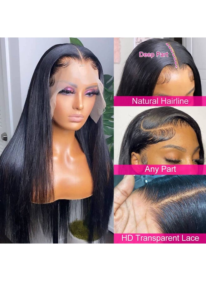 mengkai 13x6 Lace Front Wigs Human Hair Pre Plucked Straight Human Wigs for Women HD Lace Frontal Wigs Human Hair with Baby 180 Density Straight Lace Frontal Wigs Human Glueless Wigs 28 Inch - Image 4