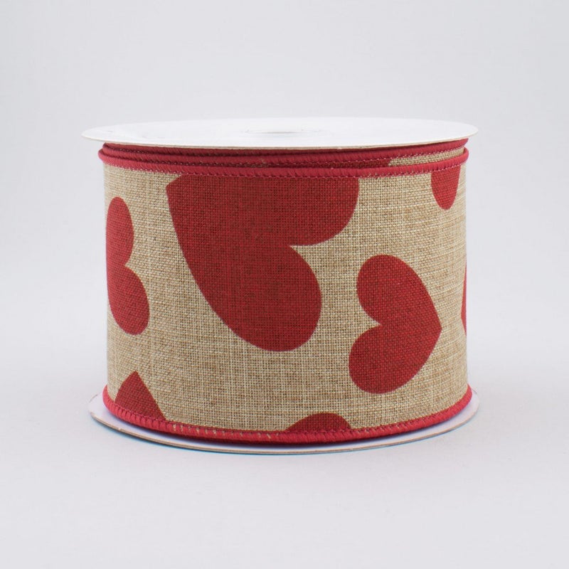 25 Wide Expressions Royal Canvas Large Heart Seasonal Print Wired Ribbon Natural Red 10 Yards ValentineS Day