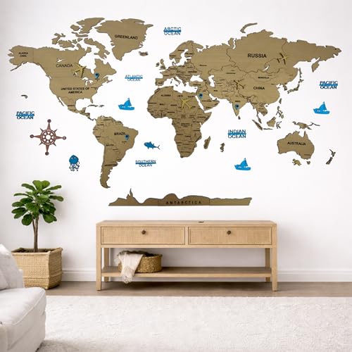 Elk 3D Wooden World Map Wall Decor with Country Names & Capitals | Premium Multilayer Laser Cut Wall Art | Easy DIY Installation | Travel Theme Home Decor for Living Room, Office - Image 1