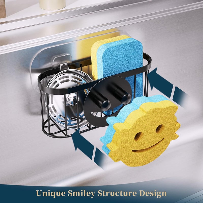 Consumest Sponge Holder, Smiley Face Kitchen Sink Caddy, Sink Organizer with Removable Suction Cups & Adhesive Strips, Suit for Sponge, Soap, Scrubber, Black - Image 2