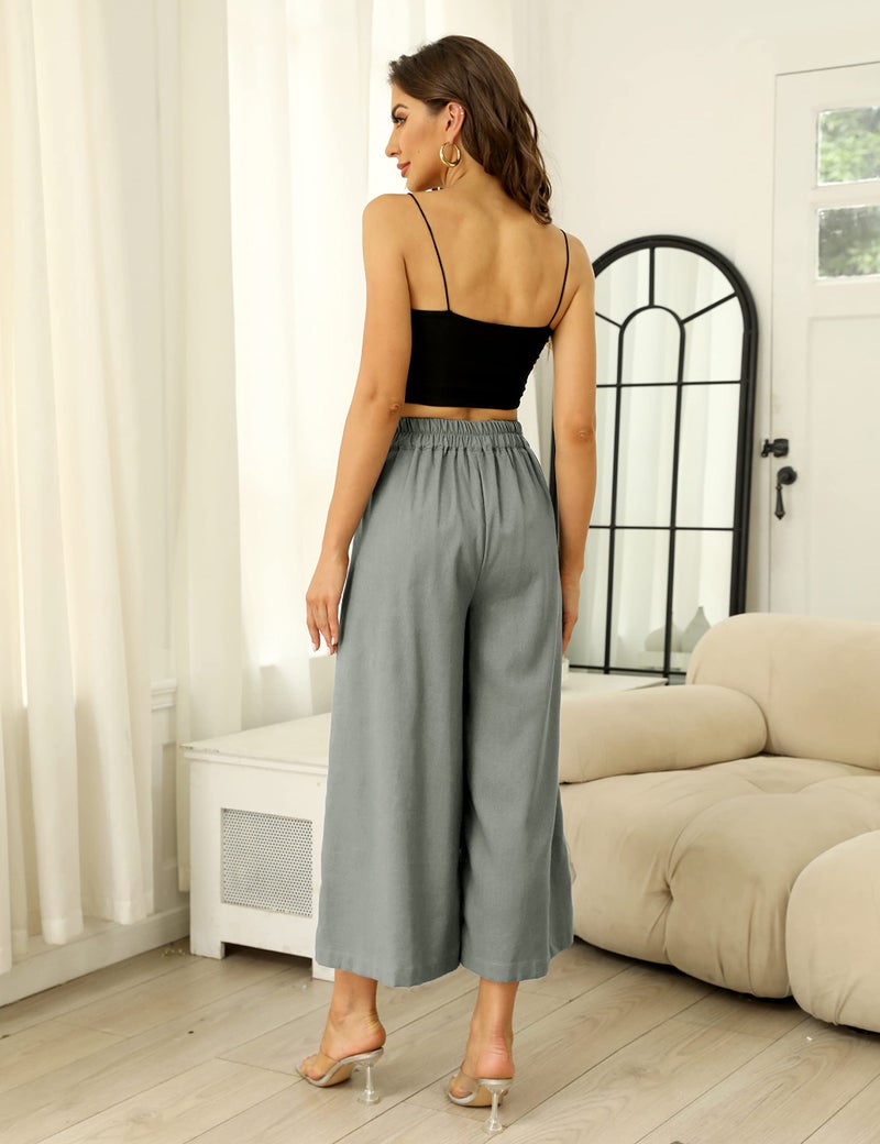 Hooever Women's Cotton Linen Culottes Pants Elastic Waist Wide Leg Palazzo Trousers Capri Pant(Grey-S) - Image 5