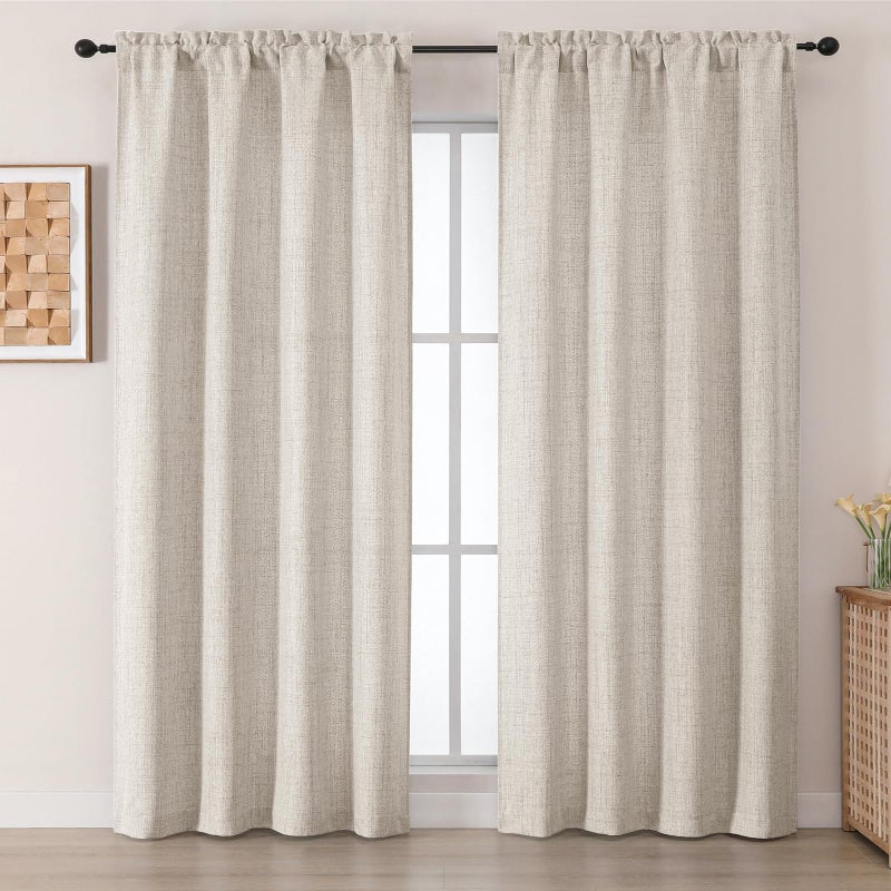 Chyhomenyc Curtains 84 Inches Long 2 Panels Set, Light Filtering Faux Linen Slub Textured Curtains for Living Room, Soft Airy Farmhouse Rod Pocket Curtain for Bedroom, Each 50Wx84L, 2PCS, Linen Color - Image 1