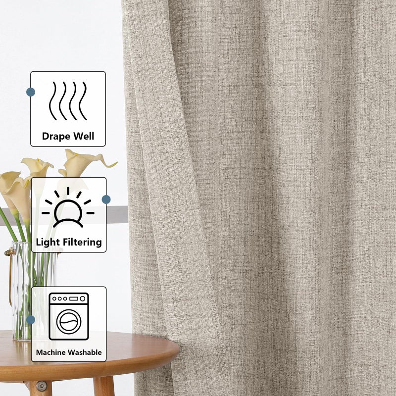 Chyhomenyc Curtains 84 Inches Long 2 Panels Set, Light Filtering Faux Linen Slub Textured Curtains for Living Room, Soft Airy Farmhouse Rod Pocket Curtain for Bedroom, Each 50Wx84L, 2PCS, Linen Color - Image 2