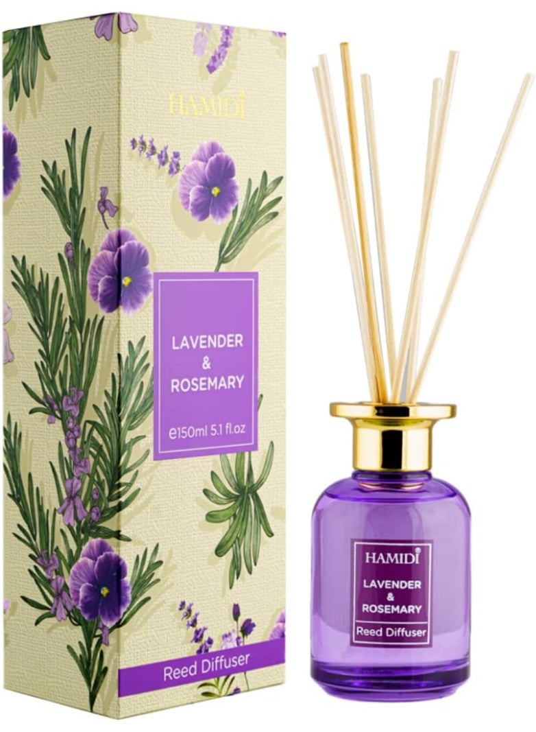 HAMIDI معطر هواء هاميدي باللافندر وإكليل الجبل 150 مل مجموعة عيدان معطرة، خالية من الكحول، داخلي وخارجي، علاج بالروائح، زيت انتشار الهواء، إعادة تعبئة، مريح، يدوم طويلاً