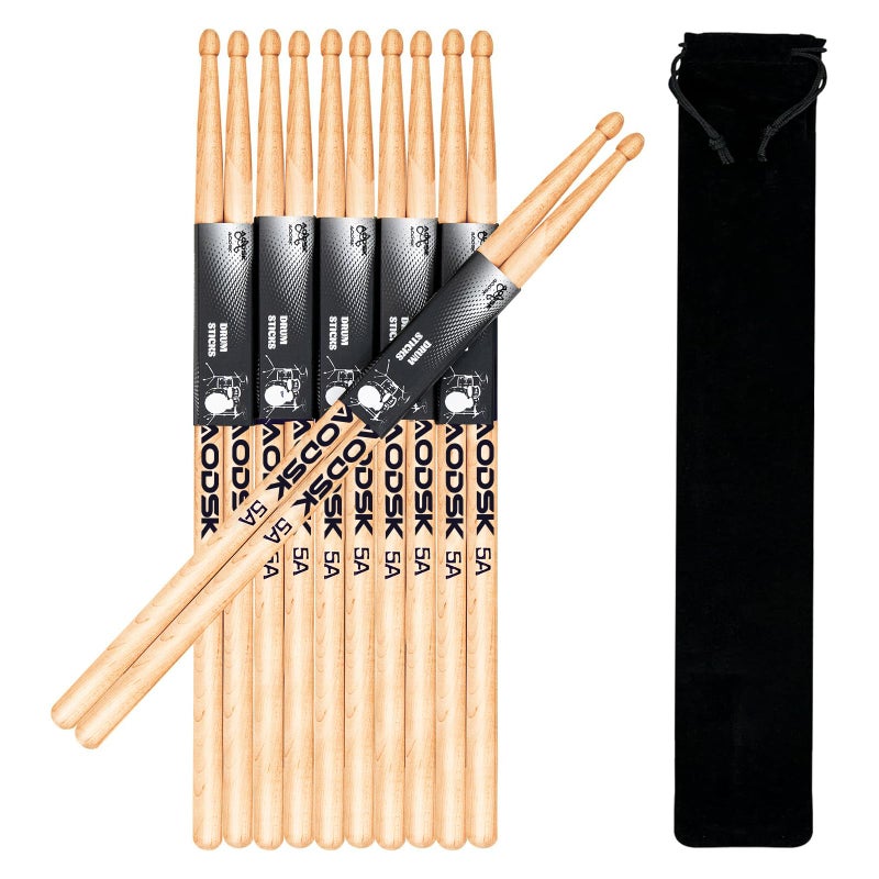 AODSK Drum Sticks 5A Classic America Maple Wood Tear Drop Tip Drumsticks Anti-Slip,Suitable for adults and children with storage Bags-6 Pairs - Image 1
