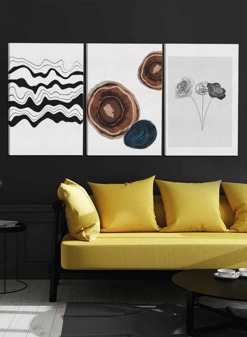 لوحة طقم من ٣ لوحات كانفاس على إطار خشبي، تصميم ورود وخطوط مموجة، للمنزل، غرفة المعيشة، المكتب، الديكور - Image 1