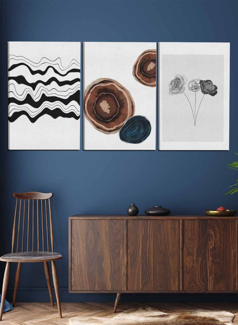 لوحة طقم من ٣ لوحات كانفاس على إطار خشبي، تصميم ورود وخطوط مموجة، للمنزل، غرفة المعيشة، المكتب، الديكور - Image 2