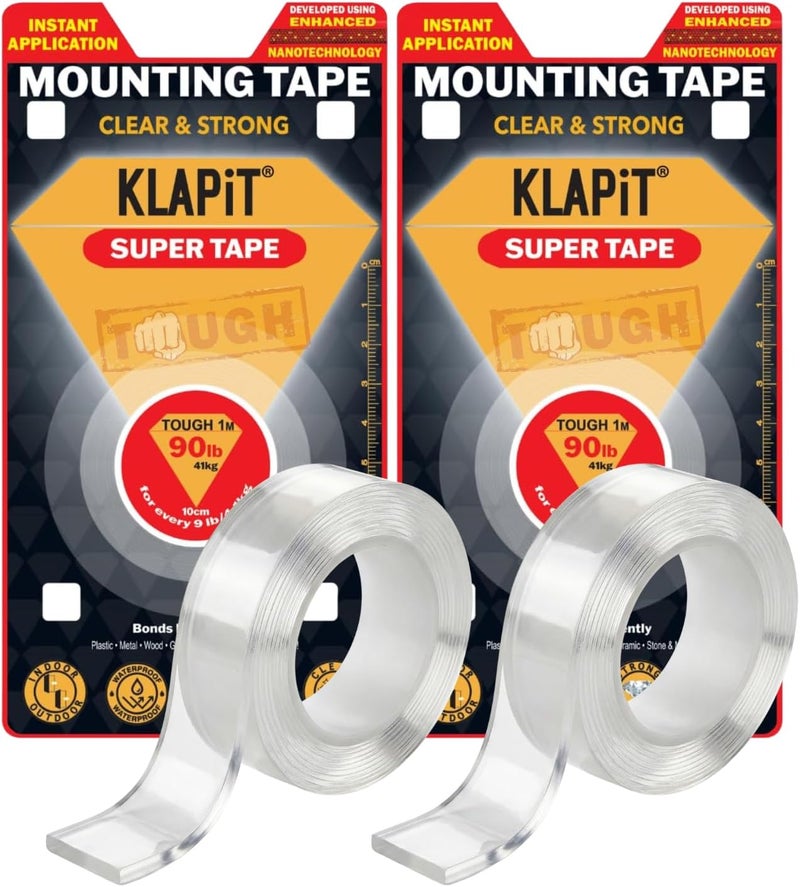 KLAPiT SUPER TAPE Double Sided Tape Heavy Duty Mounting Tape Holds 90 Pounds or 41Kg Weight Using Enhanced Nano Technology. Clear Tape for Wall, Wood, Tile, Stone, Glass, Metal & Acrylic (2 pc pack) - Image 1