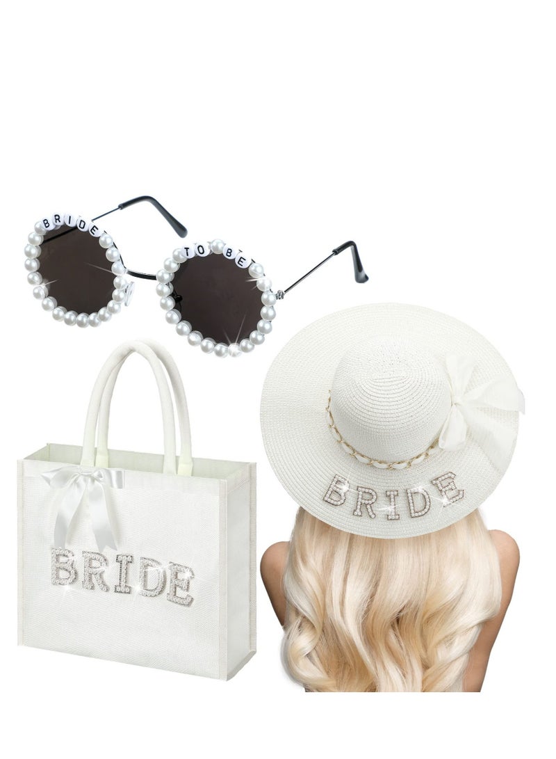 Zikra 3 Pcs Bride Tote Bag Sun Hat Glasses Set Jute Burlap Tote Bags with Handles Bride Sun Hat Bride to Be Sunglasses for Honeymoon Engagement - Image 1