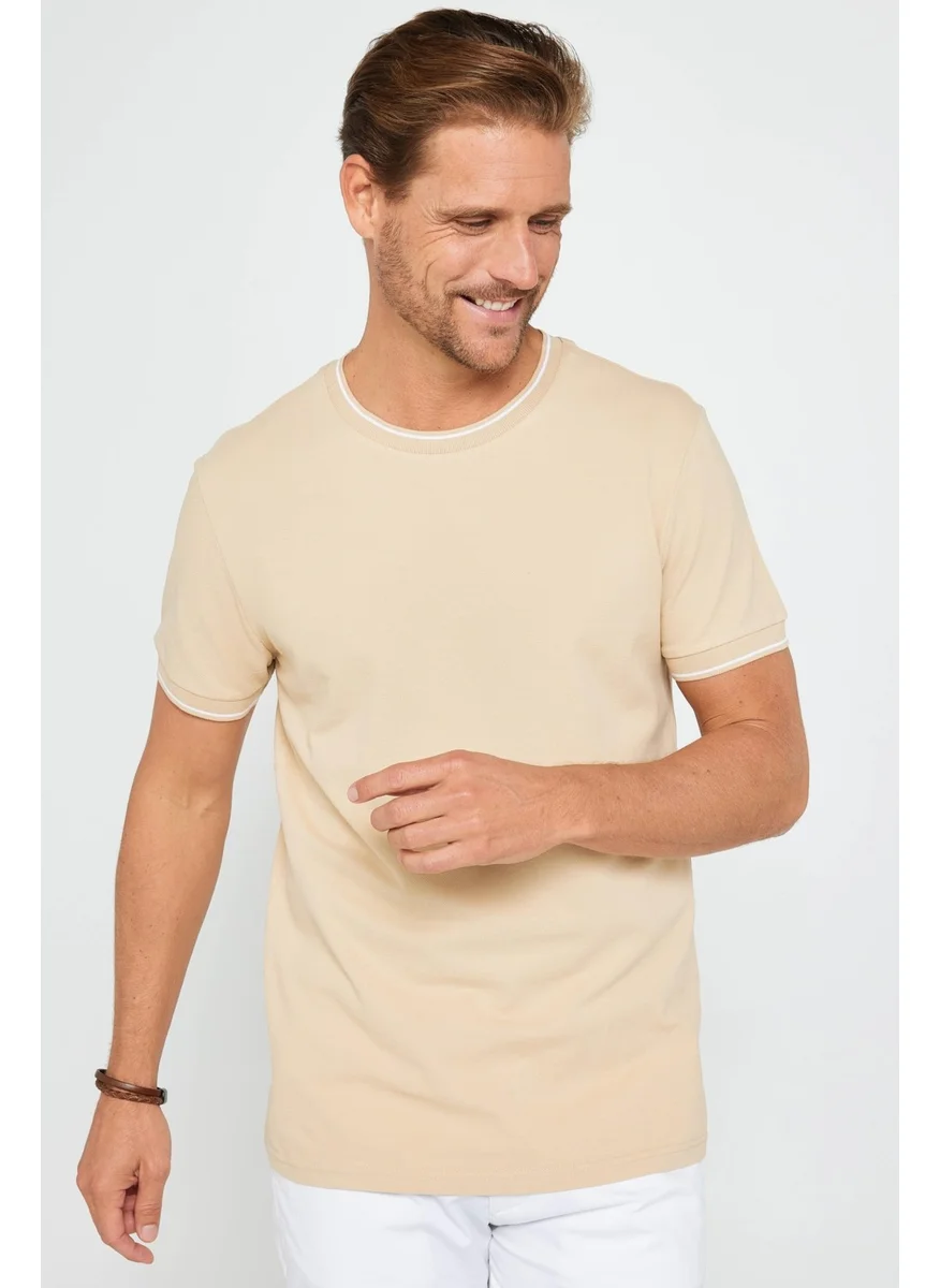 Tudors Men's Slim Fit Slim Cut 100% Cotton Plain Pique Sand Color Crew Neck T-Shirt