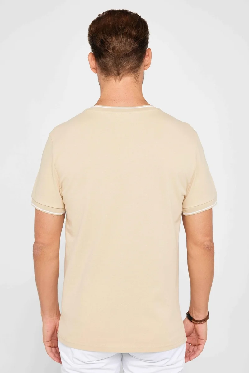 تودورس Men's Slim Fit Slim Cut 100% Cotton Plain Pique Sand Color Crew Neck T-Shirt
