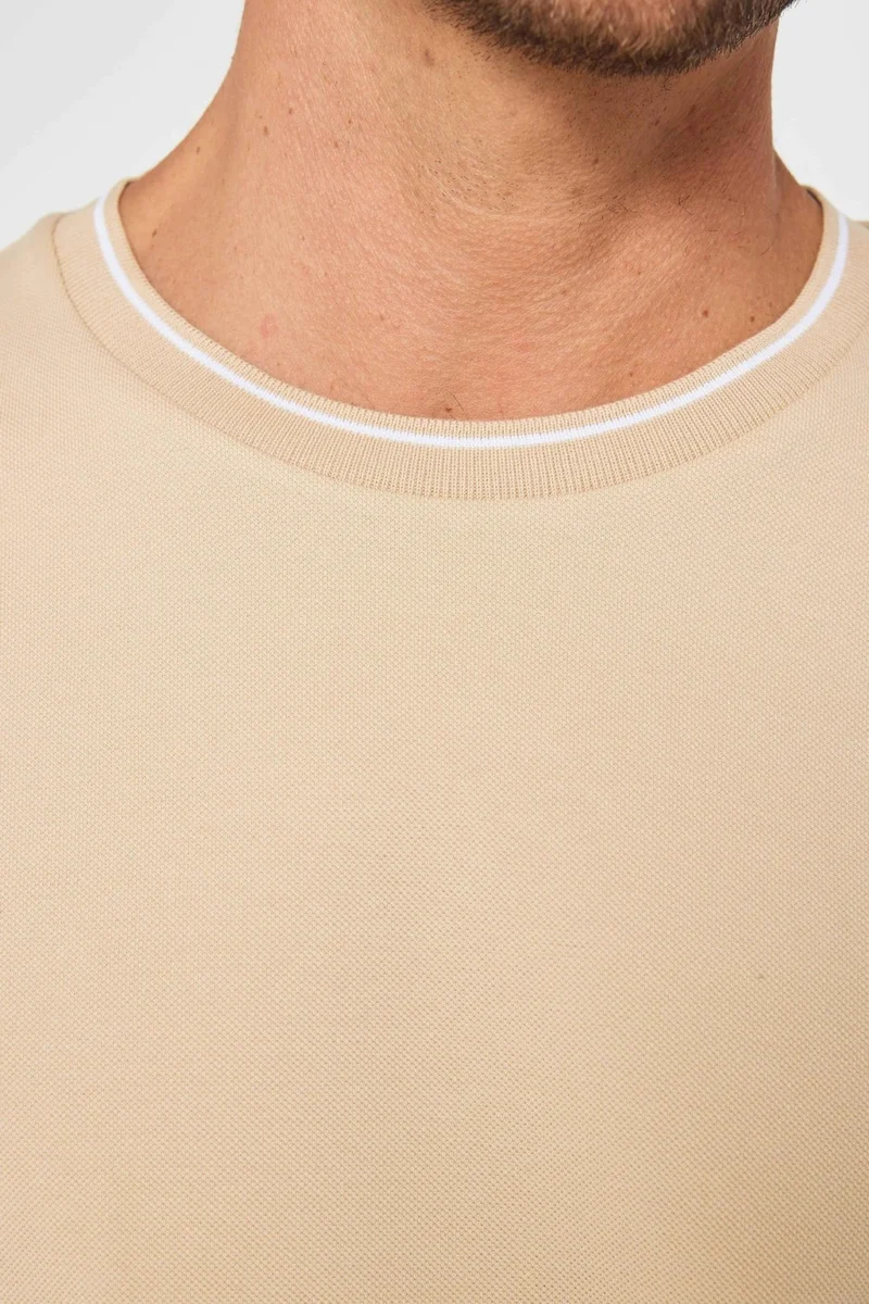 تودورس Men's Slim Fit Slim Cut 100% Cotton Plain Pique Sand Color Crew Neck T-Shirt