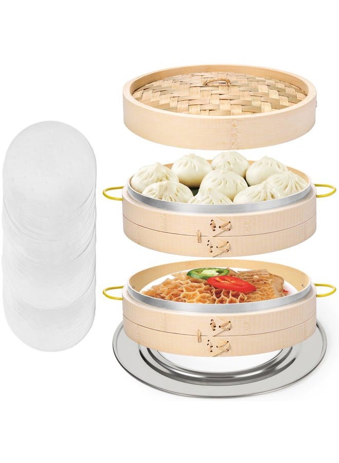 MacaRio Bamboo Steamer Basket Set 10 inch Steamer for Cooking, with Side Handles, Ring Adapter, Paper Liners, for Dim Sum Dumplings Buns Seafoods Vegetables Rice Asian Foods - Image 1