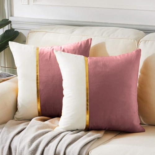 AEROHAVEN™ Set of 2 Premium Velvet with Gold Stripe Decorative Throw Pillow/Cushion Covers with Invisible Zipper - (16 x 16 Inch, Rose Gold) - Image 1