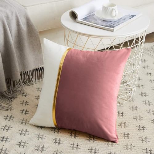 AEROHAVEN™ Set of 2 Premium Velvet with Gold Stripe Decorative Throw Pillow/Cushion Covers with Invisible Zipper - (16 x 16 Inch, Rose Gold) - Image 2