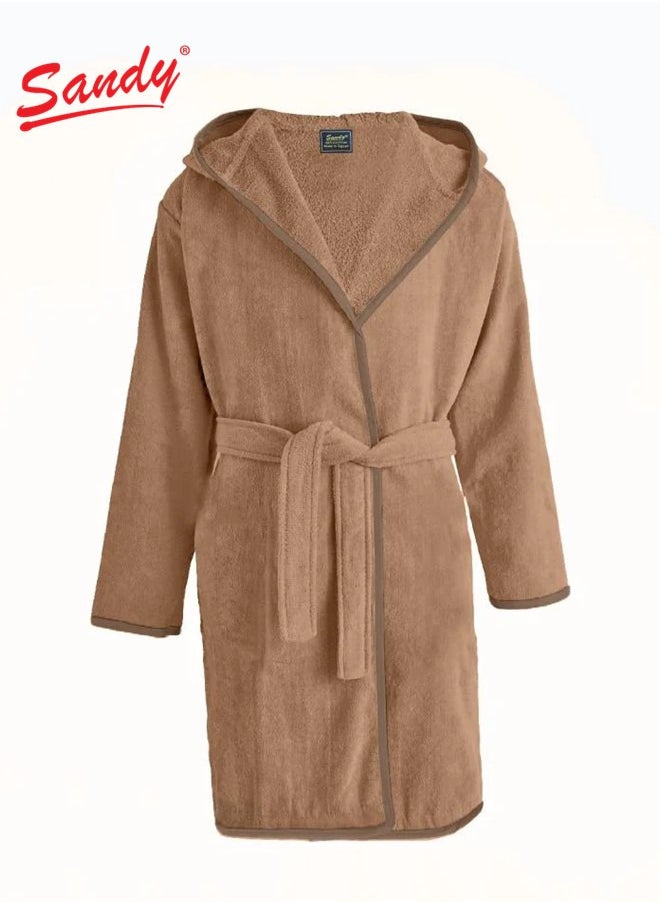 Sandy Sandy Kids Bathrobe with Hood, 100% Cotton Highly Absorbent, Unisex Plush Robe, Made in Egypt, Size S, Brown  - Image 1