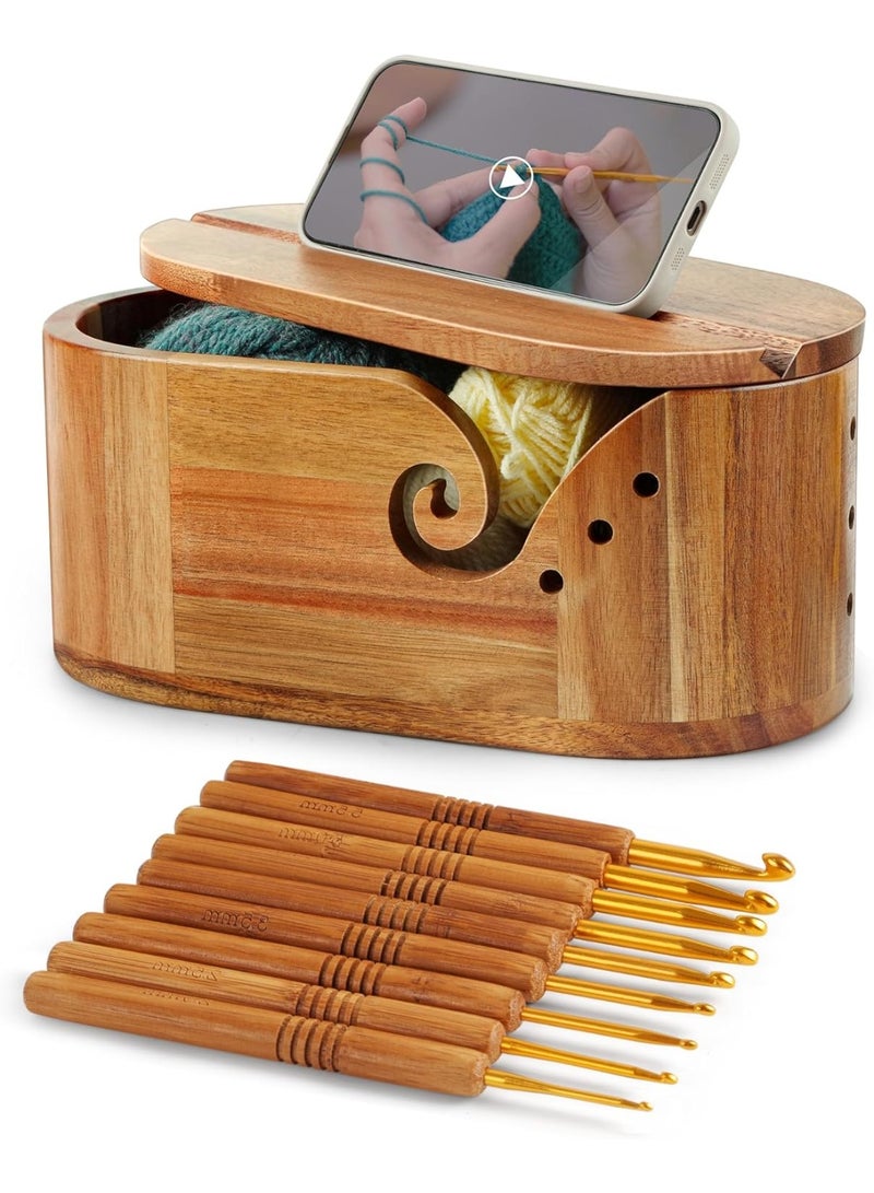 Bukela Oval Yarn Bowl, Crochet Yarn Holder with 9pcs Knitting Hooks, Yarn Storage Crochet Bowl Knitting Gift for Crocheters, Large Yarn Bowl Acacia Wooden 11.3x5.9x4.7inch (Acacia Yarn Bowl with Lid) - Image 1