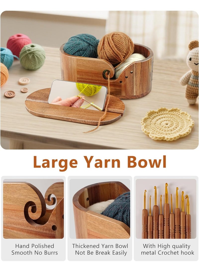 Bukela Oval Yarn Bowl, Crochet Yarn Holder with 9pcs Knitting Hooks, Yarn Storage Crochet Bowl Knitting Gift for Crocheters, Large Yarn Bowl Acacia Wooden 11.3x5.9x4.7inch (Acacia Yarn Bowl with Lid) - Image 3
