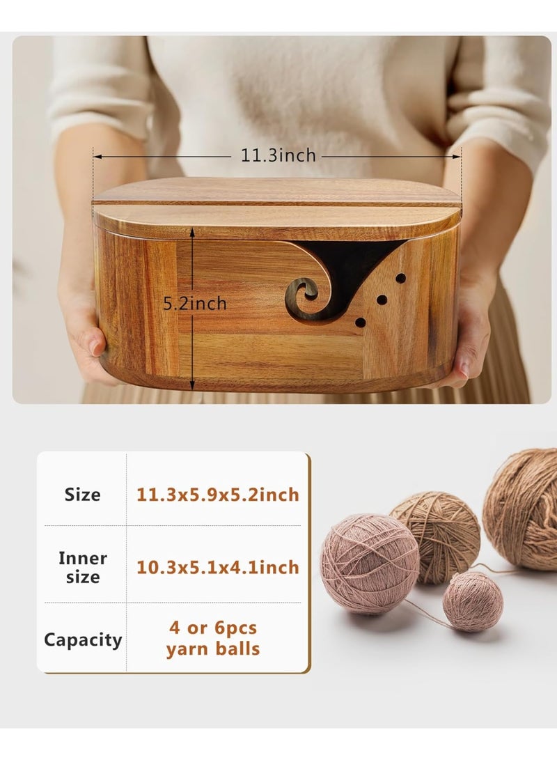 Bukela Oval Yarn Bowl, Crochet Yarn Holder with 9pcs Knitting Hooks, Yarn Storage Crochet Bowl Knitting Gift for Crocheters, Large Yarn Bowl Acacia Wooden 11.3x5.9x4.7inch (Acacia Yarn Bowl with Lid) - Image 2