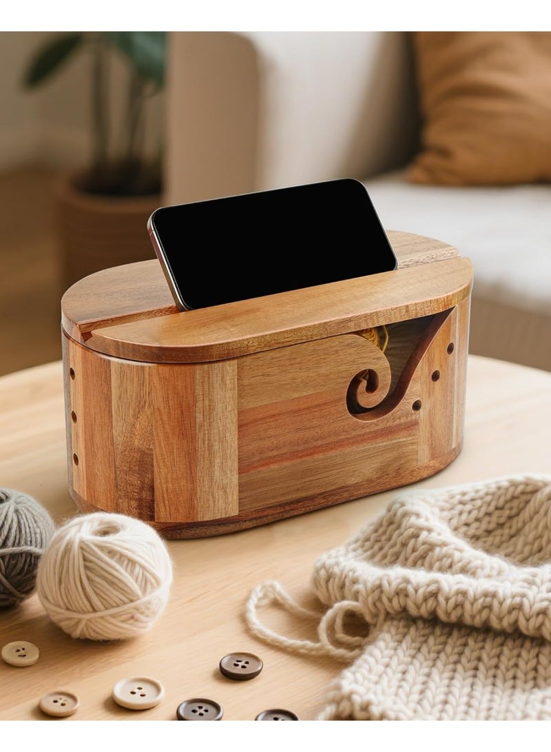 Bukela Oval Yarn Bowl, Crochet Yarn Holder with 9pcs Knitting Hooks, Yarn Storage Crochet Bowl Knitting Gift for Crocheters, Large Yarn Bowl Acacia Wooden 11.3x5.9x4.7inch (Acacia Yarn Bowl with Lid) - Image 5