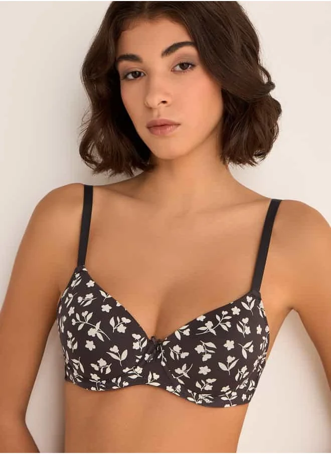 FAV All-Over Floral Print Balconette Bra with Hook and Eye Closure