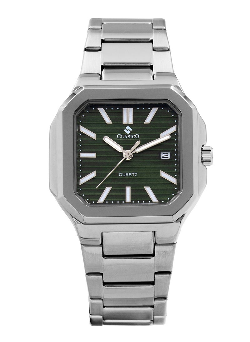 Clasico ساعة ليونيس كواتز المعدنية الفاخرة للرجال - فضي أخضر متينة الصنع - Image 1