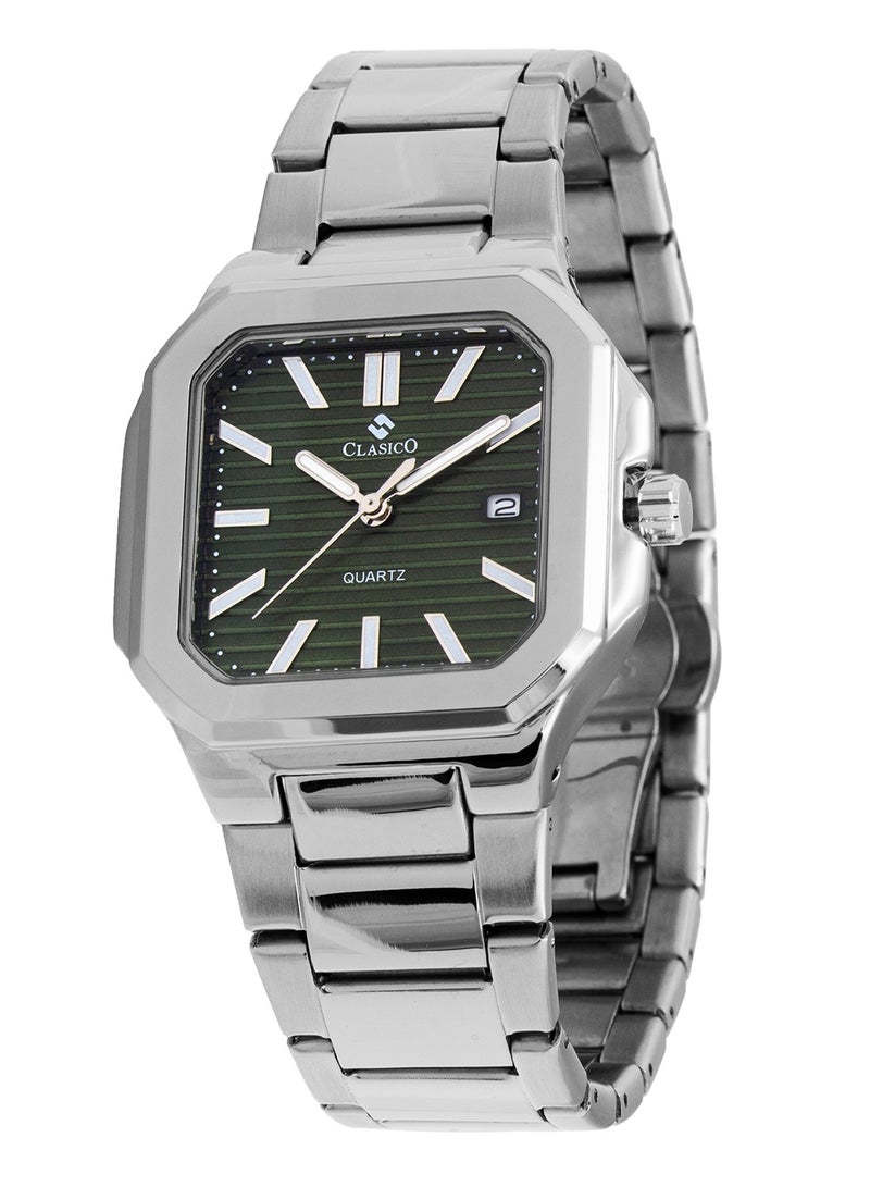 Clasico ساعة ليونيس كواتز المعدنية الفاخرة للرجال - فضي أخضر متينة الصنع - Image 3